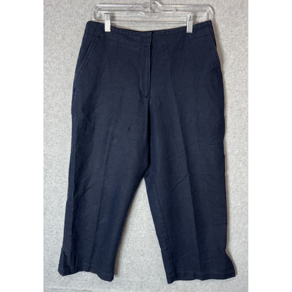 Liz Claiborne Pants Womens 8 Navy Blue Linen Blend Cropped Slit Leg Michaela
